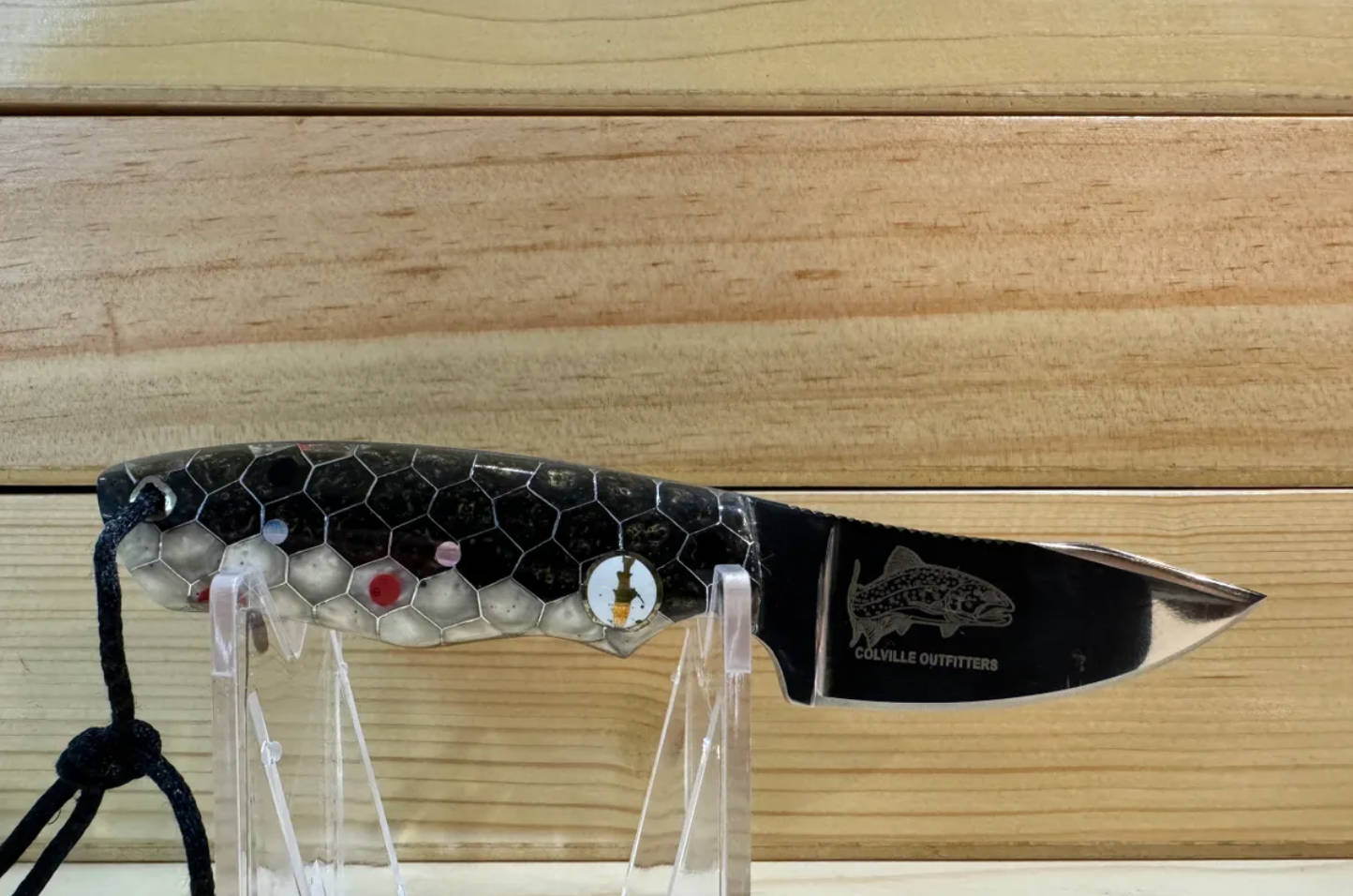 Angler's Edge Mini Trout Knife Honey Comb Brown Trout Resin Handle